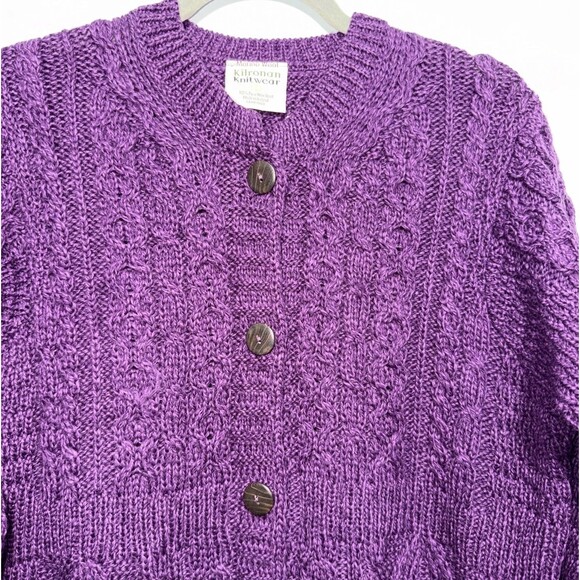 Kilronan Knitwear Sweater Women’s Size L Purple Merino Wool Cable Cardigan - Picture 2 of 7